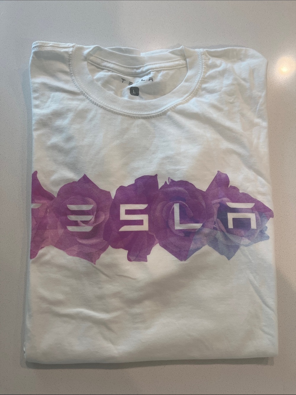 Tesla White Tee with Purple Rose Logo